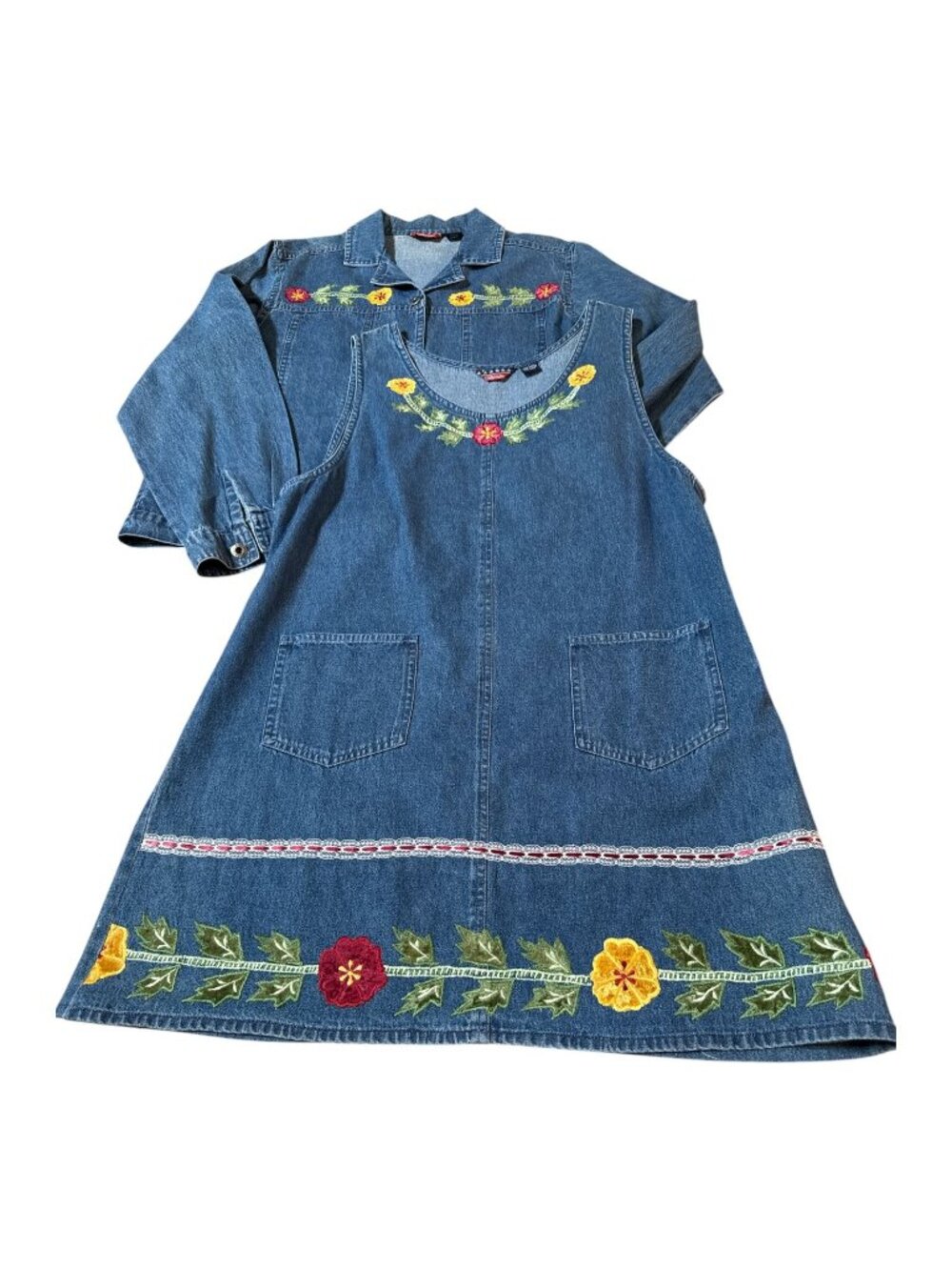 Floral Embroidered Denim Jumper Dress & Button-Up Jacket Set Large Cotton - Picture 1 of 13